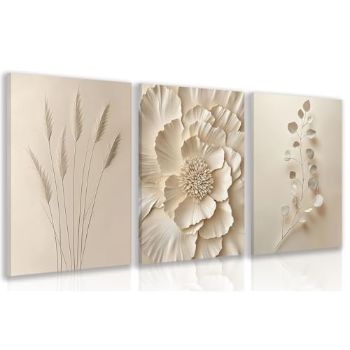 Hianan Wrapped Canvas Neutral Beige Botanical Wall Art Set of 3, 12x16 in - color: Beige, size: 16"L x 12"W
