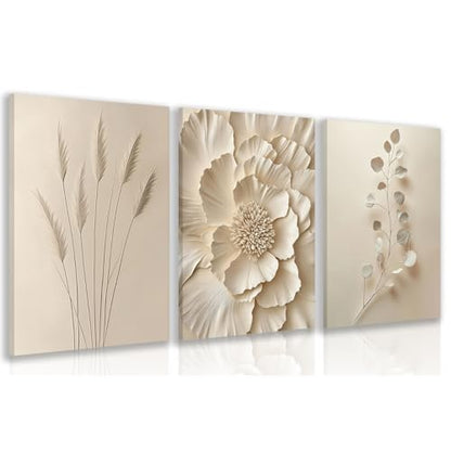 Hianan Wrapped Canvas Neutral Beige Botanical Wall Art Set of 3, 12x16 in - color: Beige, size: 16"L x 12"W