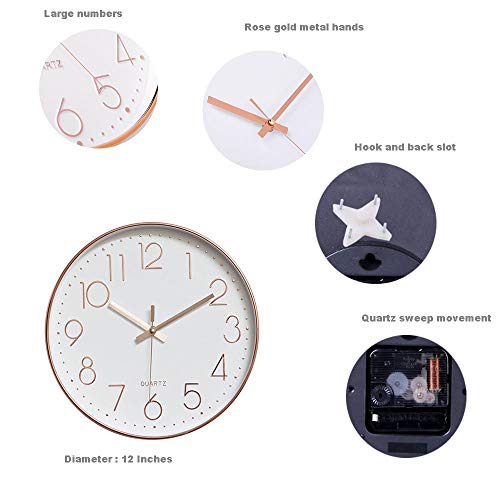jomparis 12 Inch Battery Operated Silent Non-Ticking Wall Clock, Quality Quartz Sweep Rose Gold Wall Clock for Home Bedroom School - color: 1 Pack - Rose Gold, size: 12 Inch