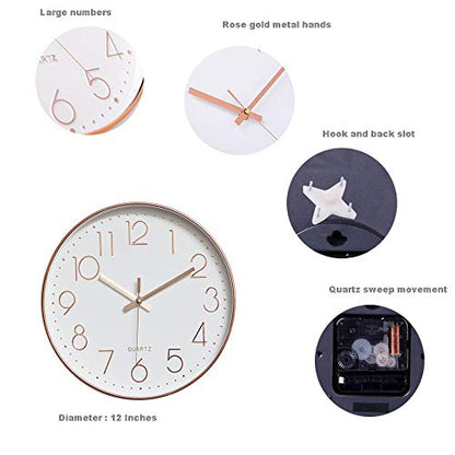 jomparis 12 Inch Battery Operated Silent Non-Ticking Wall Clock, Quality Quartz Sweep Rose Gold Wall Clock for Home Bedroom School - color: 1 Pack - Rose Gold, size: 12 Inch