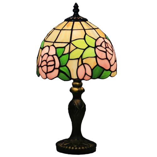 Small Tiffany Table Lamp,3 Color Temperature Pink Rose Stained Glass Table Lamps for Living Room, Dining Room,Bedroom Bedside Nightstand Night Light,W/LED Bulb,8X8X15Inch - color: Pink Rose 8X8X15Inch