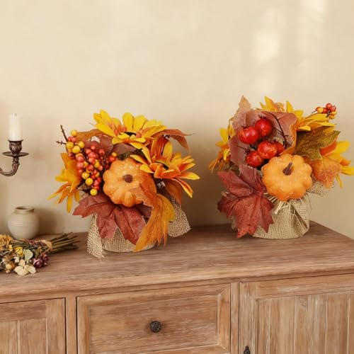 RHN Fall Centerpieces for Tables,2 Pcs Fall Table Flowers Centerpiece Decor with Pumpkin Sunflower Pinecone Berry and Maple Leaf for Autumn Thanksgiving Home Dining Table Decorations