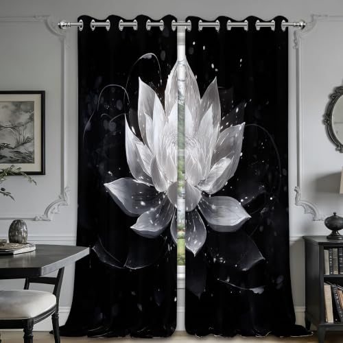 Black and Grey Blackout Curtains, Lotus Drapes 96 inches length, 2 Panels - color: Black and White, size: 52"W x 96"L (Pack of 2)