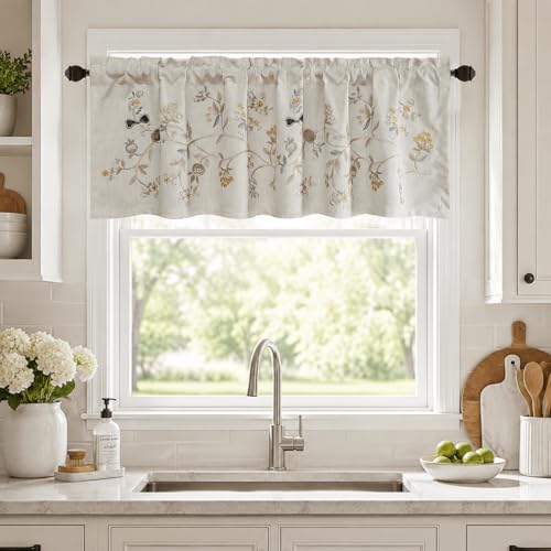 VOGOL Floral Embroidered Pattern Kitchen Valances for Windows, Linen Rod Pocket Curtains Valance for Living Room, 52 Inch Wide by 18 Inch Long, One Panel - color: C1