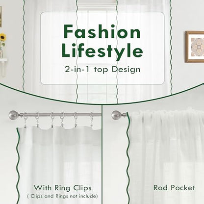 DriftAway Semi Sheer Scalloped Edge White Coastal Beach Window Curtains for Living Room Bedroom 2 Panels Rod Pocket Each Size 52 Inch by 63 Inch Loden Green - color: White Loden Green, size: 52"W x 63"L (Pack of 2)