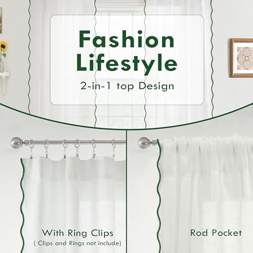 DriftAway Semi Sheer Scalloped Edge White Coastal Beach Window Curtains for Living Room Bedroom 2 Panels Rod Pocket Each Size 52 Inch by 84 Inch Loden Green - color: White Loden Green, size: 52"W x 84"L (Pack of 2)