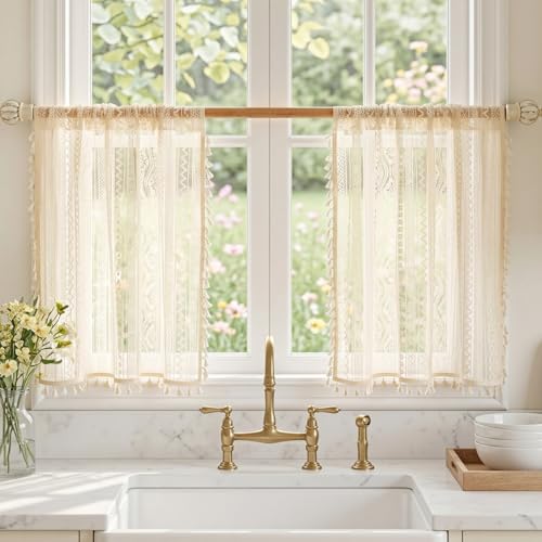 MYSKY HOME Beige Lace Tier Curtains 36 Inch Length 2 Panels Kitchen Cafe Sheer Short Boho Half Country Rod Pocket Curtains for Small Windows Basement Bathroom, 34" Wide Each Panel - color: Beige, size: 34"W x 36"L (Pack of 2)