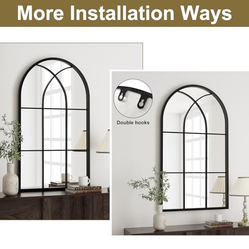 Rowjut Arched Top Window Glass Wall Mirror 42" x 24" Black Iron - color: Black-qm, size: 42"L x 24"W