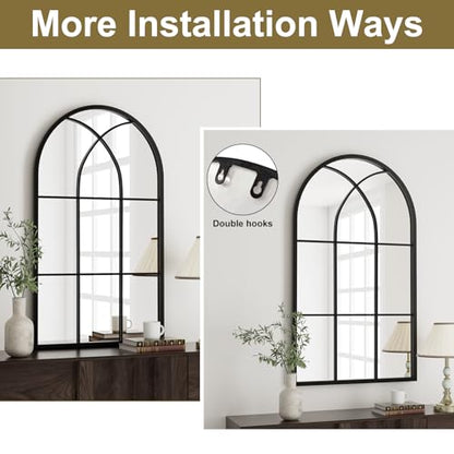 Rowjut Arched Top Window Glass Wall Mirror 42" x 24" Black Iron - color: Black-qm, size: 42"L x 24"W