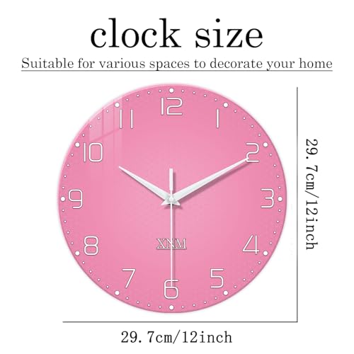 XNM Round Glass Pink Wall Clocks Battery Operated 12 Inch - color: Pink, size: 12 Inch