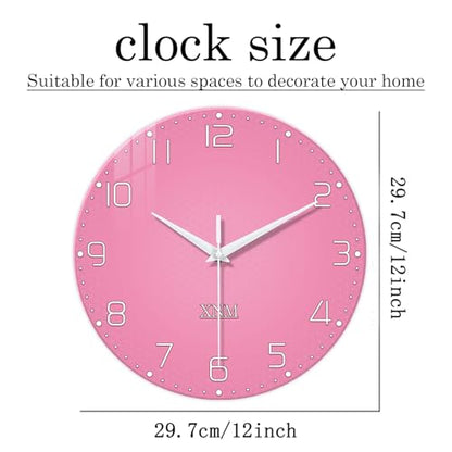 XNM Round Glass Pink Wall Clocks Battery Operated 12 Inch - color: Pink, size: 12 Inch