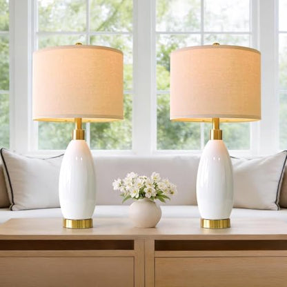 USumkky 24" White Oval Ceramic Table Lamp Set of 2, Modern Minimalist Bedside Nightstand Lamps for Bedroom Living Room, Linen Shade & Gold Metal Base, Rotary Switch E26 (Bulbs Excluded) - color: 24" Teardrop-2 Pack