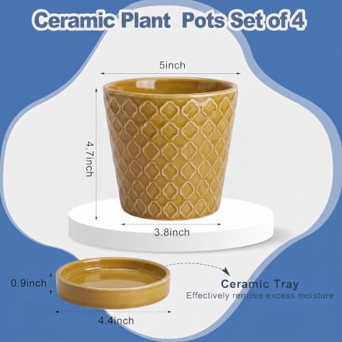 EFISPSS Ceramic Plant Pots, 5 Inch Planters with Drainage Holes and Ceramic Tray, Relief Design Flower Planter, Desktop Office Windowsill Decoration Gift Set of 4-Light Olive-Deep Yellow - color: Deep Yellow