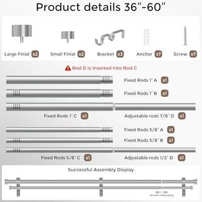 Double Curtain Rod, 36-60 Inch Silver Modern Heavy Duty Dual Rods - color: Silver, size: 36"-60"