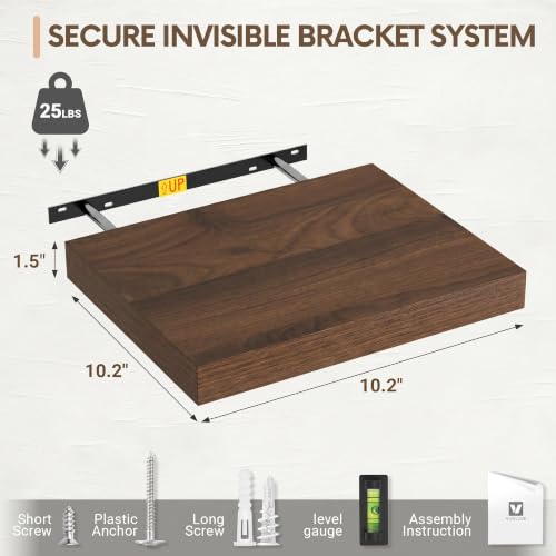 Vivelove 10x10 Inches Floating Shelves Wall Mounted Set of 2, Walnut - color: Walnut, size: 10.2”wx10.2”dx1.5”h