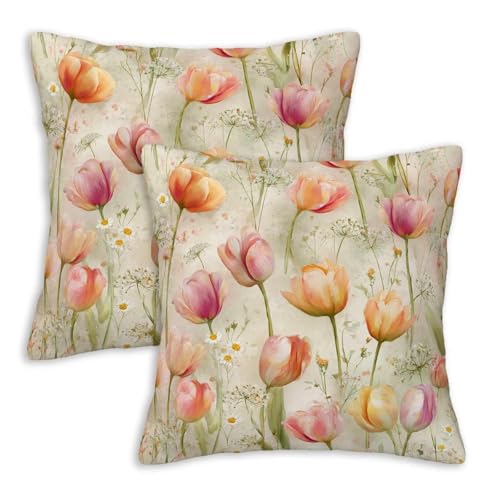 Pink Peach Tulip Throw Pillow Covers 18x18 Set of 2, Watercolor Floral Decorative Cushion Covers, Cottage Garden Pillow Cases for Couch Sofa Bedroom Living Room Decor - color: Watercolor Tulip