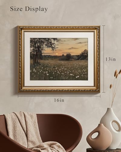 VIYYIEA Gold Framed Meadow Landscape Wall Art Canvas Painting, 13×16 Inch - color: Sunset Meadow Landscape, size: 16"L x 13"W