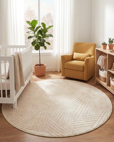 Carvapet 5.2ft Round Rug Beige Washable High Low Pile Carpet - color: Yarn Beige, size: 5.2' Round