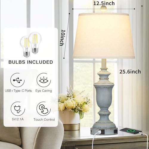 Cinkeda 25.6" Blue Table Lamps Set of 2 with USB C+A Ports & AC Outlet for Coastal Living Room Bedroom,3-Way Dimmable Farmhouse Touch Lamp Bedside Lamps for Nightstand,Retro Blue - color: Coastal