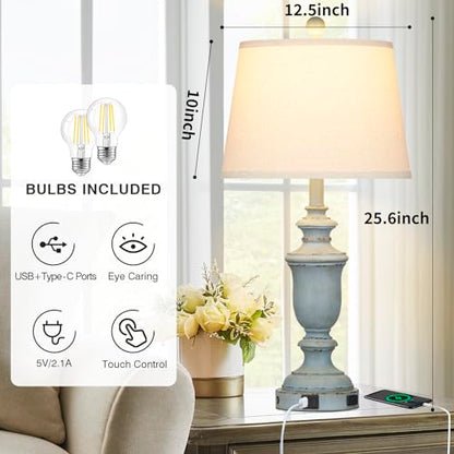 Cinkeda 25.6" Blue Table Lamps Set of 2 with USB C+A Ports & AC Outlet for Coastal Living Room Bedroom,3-Way Dimmable Farmhouse Touch Lamp Bedside Lamps for Nightstand,Retro Blue - color: Coastal