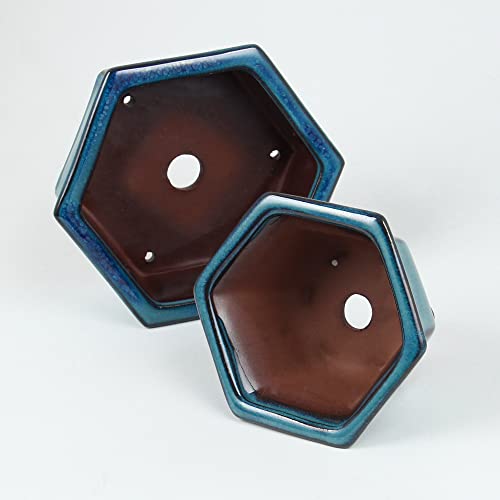 Bonsai Planter 2pc Small Succulent Glazed Pots 4.9" and 6.1" + 6 Soft Mesh Drainage Screens - style: Style B&D1