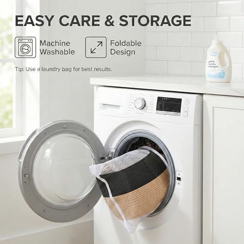 JMvicyroam 115L Extra Large Machine Washable Cotton Rope Blanket Basket - color: Black&Jute, size: 115L