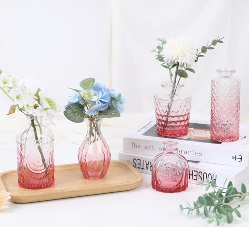 5pcs Pink Glass Bud Vase Set, Small Flower Vases for Centerpieces in Bulk - color: Pink, size: 5pcs