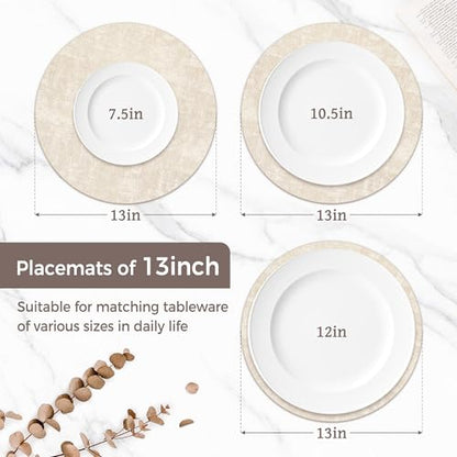 13" Round Placemats Set of 6, Reversible Faux Leather Wipeable Table Mats - color: Beige