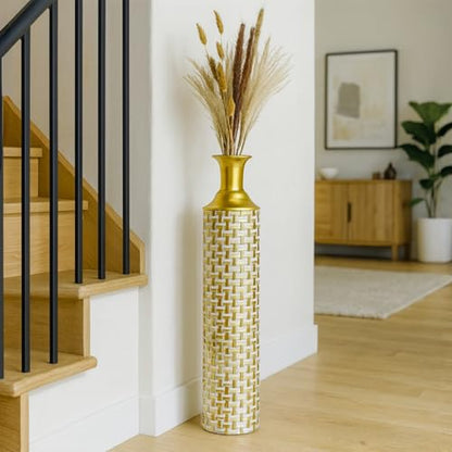 Leewadee Set of 3 Large Floor Vases Metal for Pampas Grass - color: Gold, White