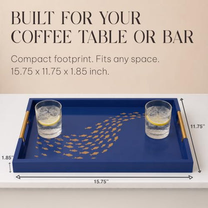 Serving Tray with Gold Fish Design, Navy by Death Decor - style: Navy Blue