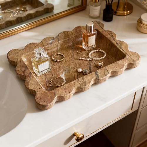 Natural Samll Marble Tray 6.3"x4.7",Rectangle Scalloped Tray for Women Home Décor (Rainforest Brown)