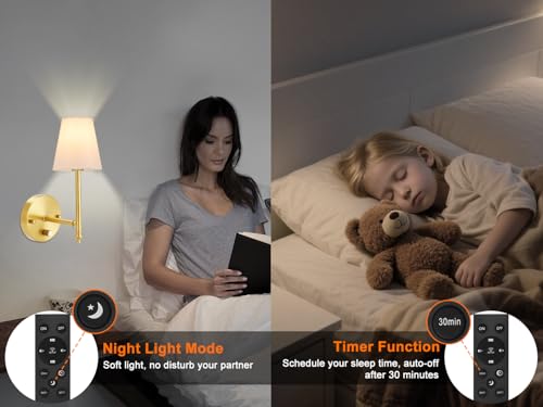 Wall Sconces Set of Two with Remote Control, Dimmable, Adjustable Colors 2700-6500K, Plug in Wall Sconces with White Fabric Shades, Plug in Wall Light, Gold - color: Gold-White
