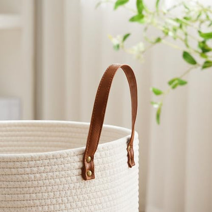 VIPOSCO 53L Tall Woven Rope Laundry Hamper, Leather Handles, White & Brown - color: Brown, size: 53L