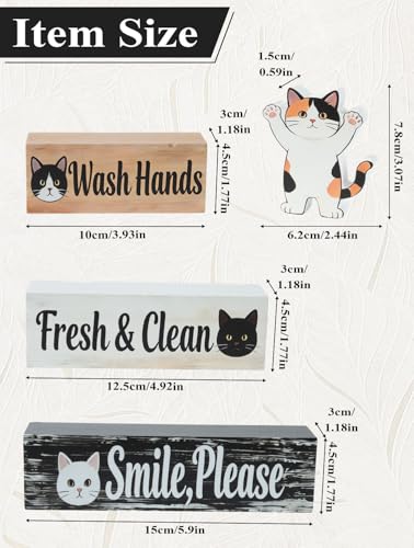 4 Pcs Cat Bathroom Decor Sign, Wooden Tabletop Decor for Bathroom - size: Cat wash hands