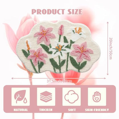 Cloud-Shaped Lily Bath Mat, Soft Non-Slip Fluffy Fresh Flowers Bathroom Rug, Ultra Absorbent Microfiber Shaggy Door Mat, Machine Washable Bath Rug Carpet for Bathtub Bedroom 20x31 Inch (White) - color: White