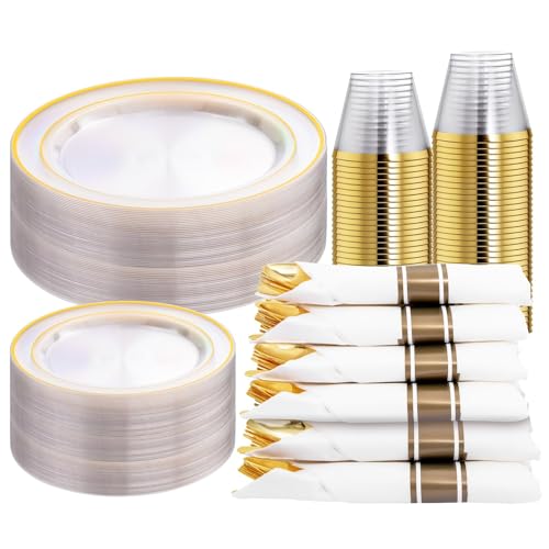 WELLIFE 210PCS Clear-Gold Plastic Plates - Dinnerware Sets for 30 Guests - 60 Disposable Plates, 90 Plastic Silverware, 30 Cups, 30 Napkins for Party - color: Clear and Gold, style: 210PCS（30 Guests）