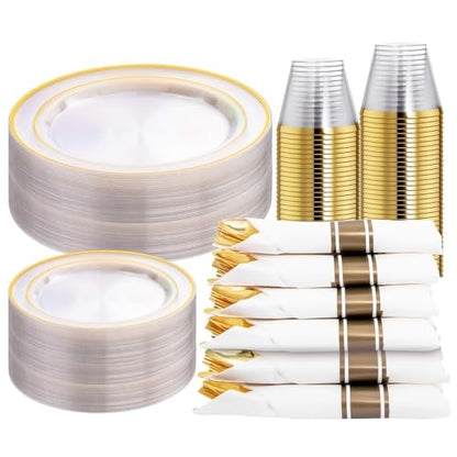 WELLIFE 210PCS Clear-Gold Plastic Plates - Dinnerware Sets for 30 Guests - 60 Disposable Plates, 90 Plastic Silverware, 30 Cups, 30 Napkins for Party - color: Clear and Gold, style: 210PCS（30 Guests）