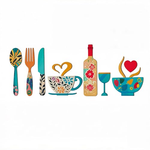 SUNLOREN Bohemian Painted Wooden Kitchen Wall Decor Set Colorful Utensil Coffee Cup Wine Bottle and Bowl Multicolor Farmhouse Boho Style 8 Piece Kitchen and Dining Room Wall Art