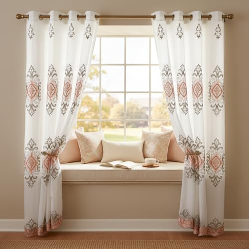 J&V TEXTILES Embroidered Curtain Set, 2 Panel Drapes with Backing & Valance, Medallion Pattern (Blush) - color: Blush
