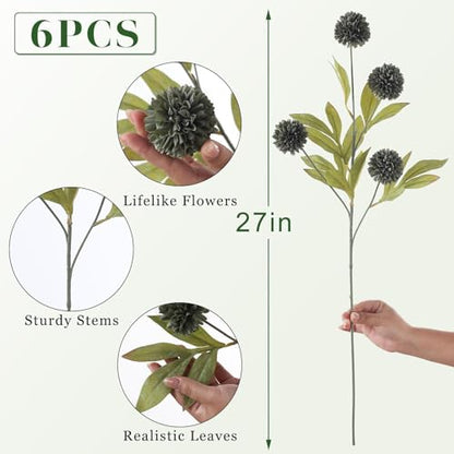 6 Pcs 27"Artificial Pompon Mum Silk Flower Stems for Vase (Dark Gray) - color: Dark Gray