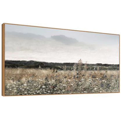 Tucai Decor Country Meadow Landscape Canvas Art Wildflowers and Field Farmhouse Wall Decor Framed Rustic Floral Print Ready to Hang 24x48 Inch Painting for Living Room Kitchen