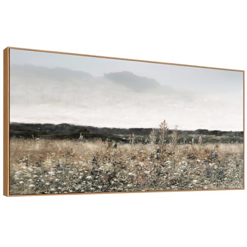 Tucai Decor Country Meadow Landscape Canvas Art Wildflowers and Field Farmhouse Wall Decor Framed Rustic Floral Print Ready to Hang 24x48 Inch Painting for Living Room Kitchen