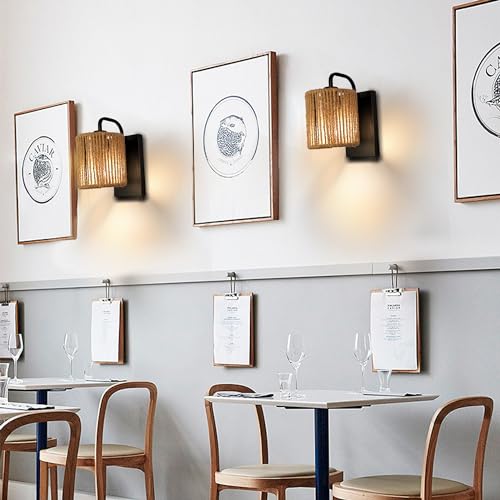 Boho Wall Sconce Rattan Wall Light Fixtures Hemp Rope Sconces - color: Woven Rattan Style