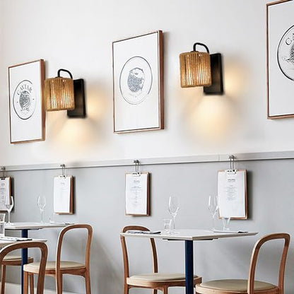Boho Wall Sconce Rattan Wall Light Fixtures Hemp Rope Sconces - color: Woven Rattan Style