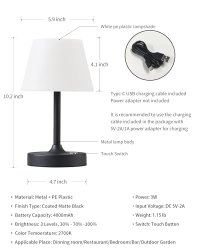 PUSU Cordless LED Black Small Table Lamp, Waterproof Shower Desk lamp - color: Matte Black (Metal + PE Plastic)