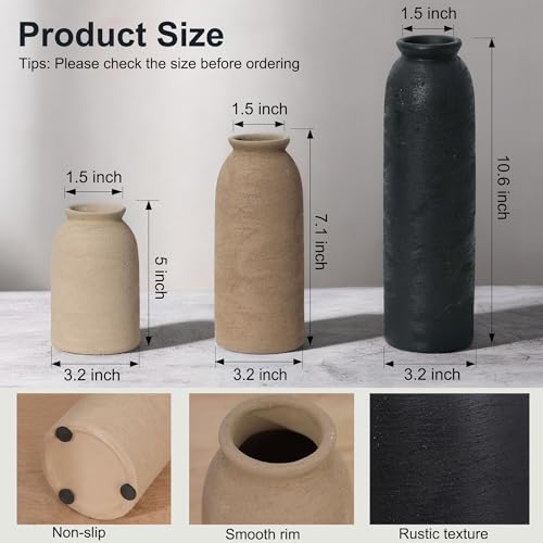 Ceramic Vase Set of 3, Small Flower Rustic Vase Home Decor Neutral Modern Farmhouse Boho Pampas Pottery Vases Decorative Centerpiece for Table Mantel Shelf Living Room Kitchen Bathroom - color: Rustic-black Set