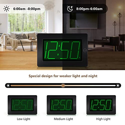 Alarm Clock, Wall Clock, Digital Clock, 3" LED Digit Display, Adjustable Brightness, Auto Night Mode, Auto Alarm Volume Increasing, Wall-Mount & Table-top - color: Black-green