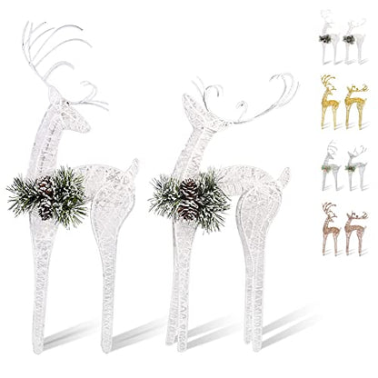 2pc Set White Pinecone Rattan Thread String Christmas Reindeer Figurine Table Desk Decorations Glittering Xmas Holiday Party Supply - color: White