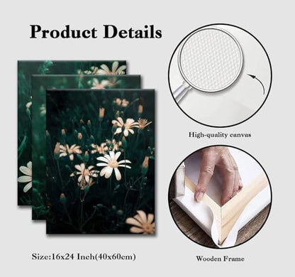 CHTEXA Dark Green Daisy Canvas Wall Art, 3 Piece Gallery Wrapped Set, 16x24 - color: Three-petaled white flowers-6, size: 16x24inch