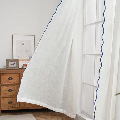 DriftAway Semi Sheer Scalloped Edge White Coastal Beach Window Curtains for Living Room Bedroom 2 Panels Rod Pocket Each Size 52 Inch by 72 Inch Navy - color: White Navy, size: 52"W x 72"L (Pack of 2)